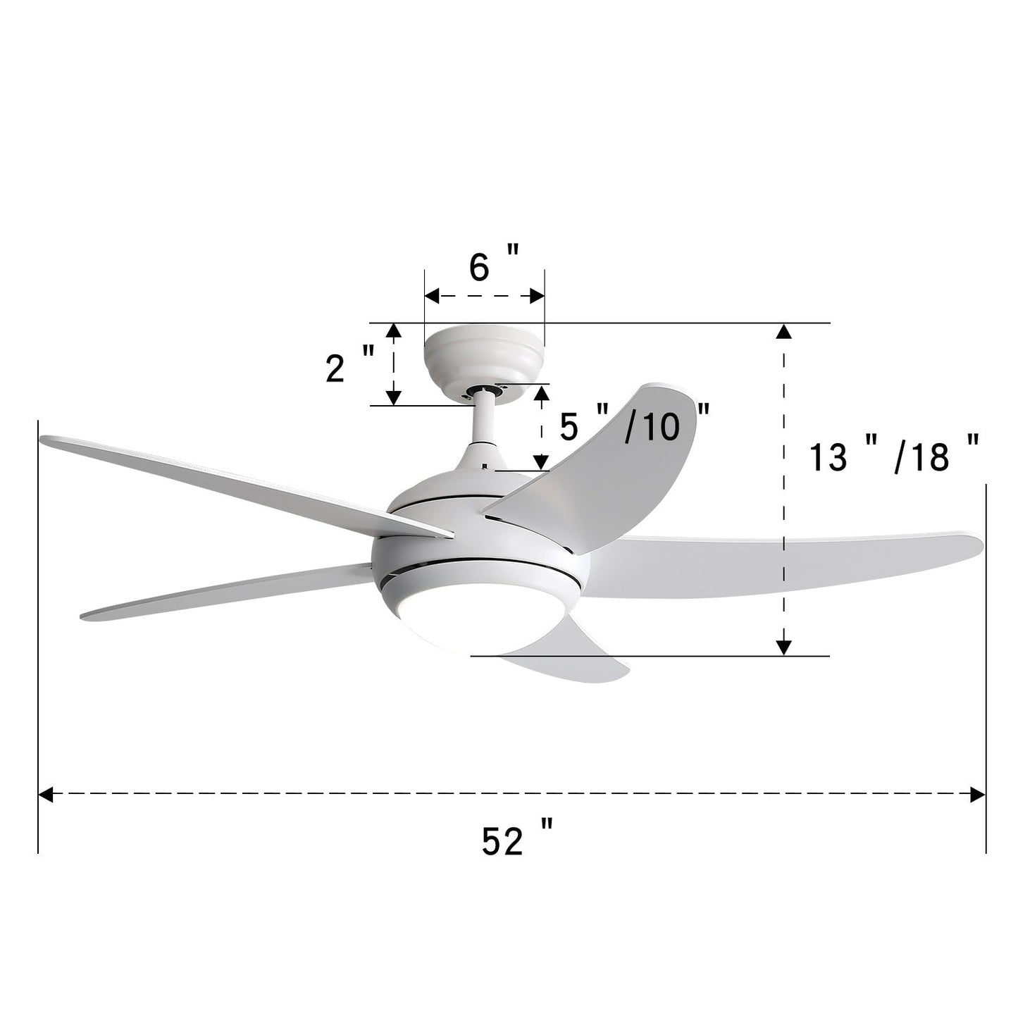 52 inch Reversible Ceiling Fan W/Light Remote Control 3/5 Blades 5 Speed Timer - House Comfort