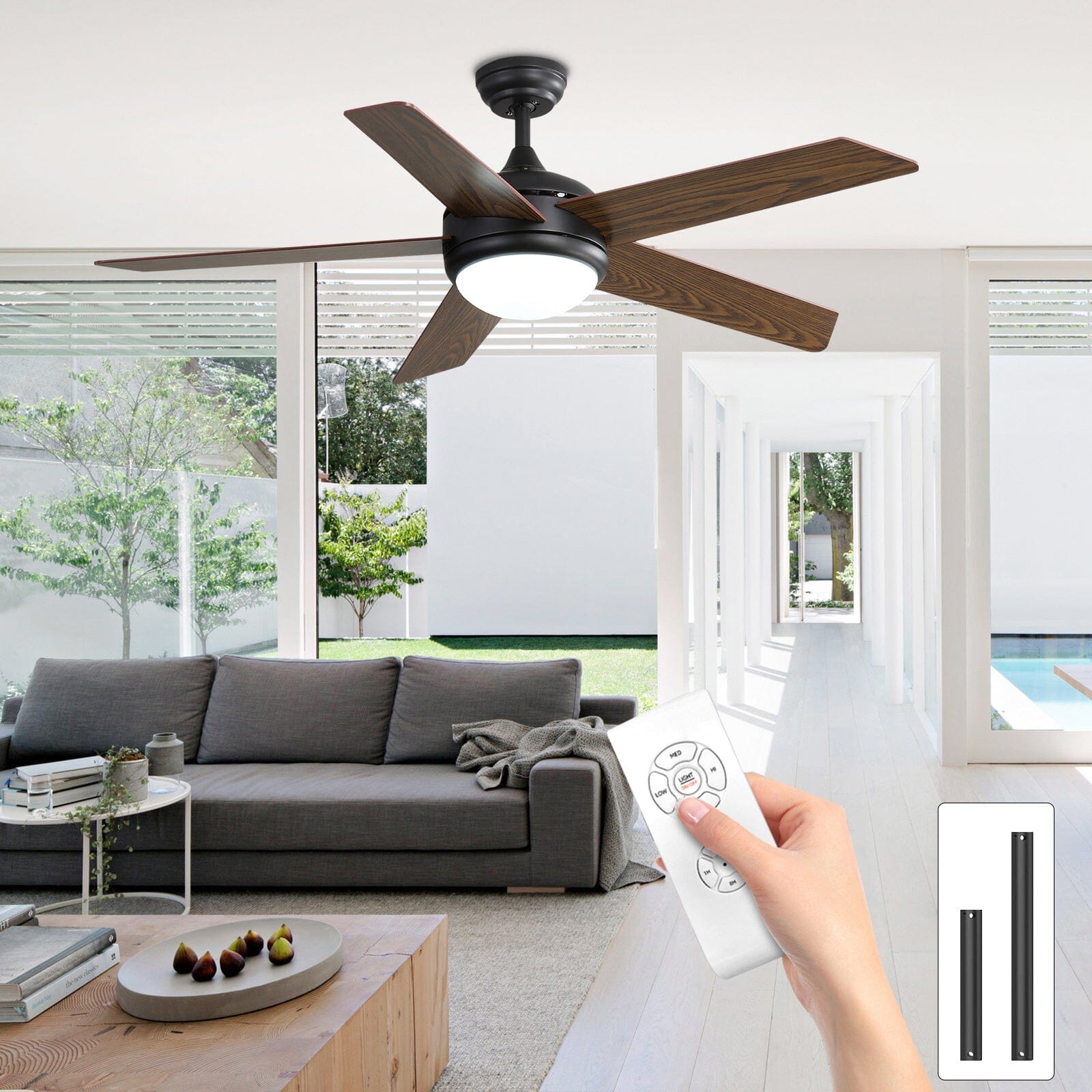 52 Inch Wooden Blades Ceiling Fan with LED Lamp Light Dimmable and Remote - House Comfort