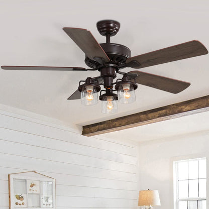 52 Inch Wooden Ceiling Fan with 3 Head Lights and Remote - House Comfort