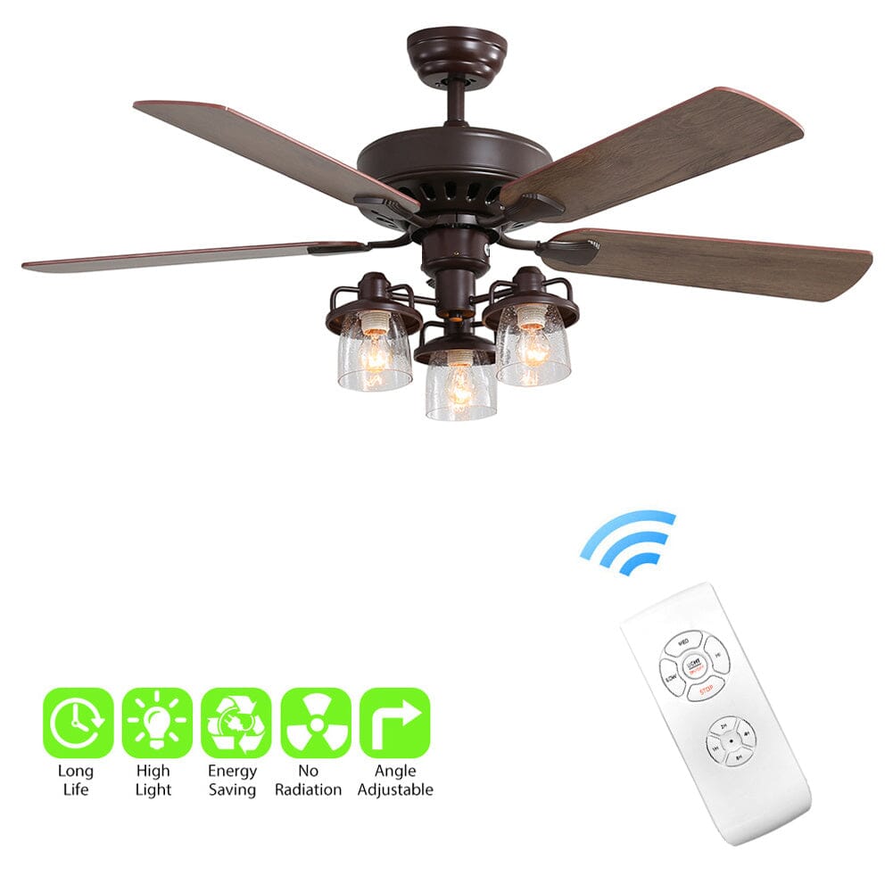 52 Inch Wooden Ceiling Fan with 3 Head Lights and Remote - House Comfort