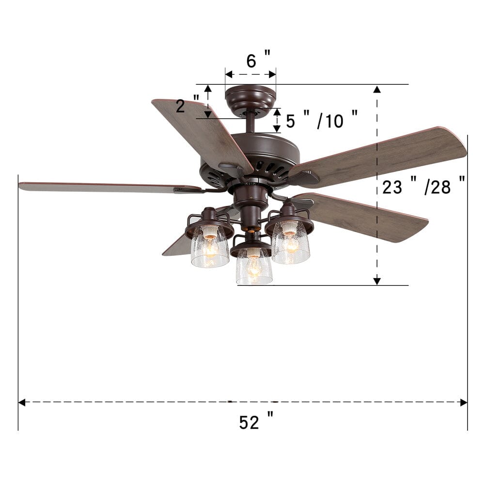 52 Inch Wooden Ceiling Fan with 3 Head Lights and Remote - House Comfort