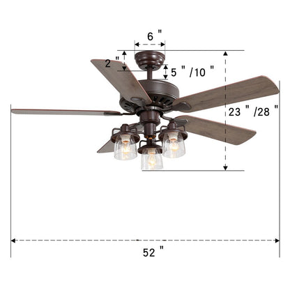 52 Inch Wooden Ceiling Fan with 3 Head Lights and Remote - House Comfort