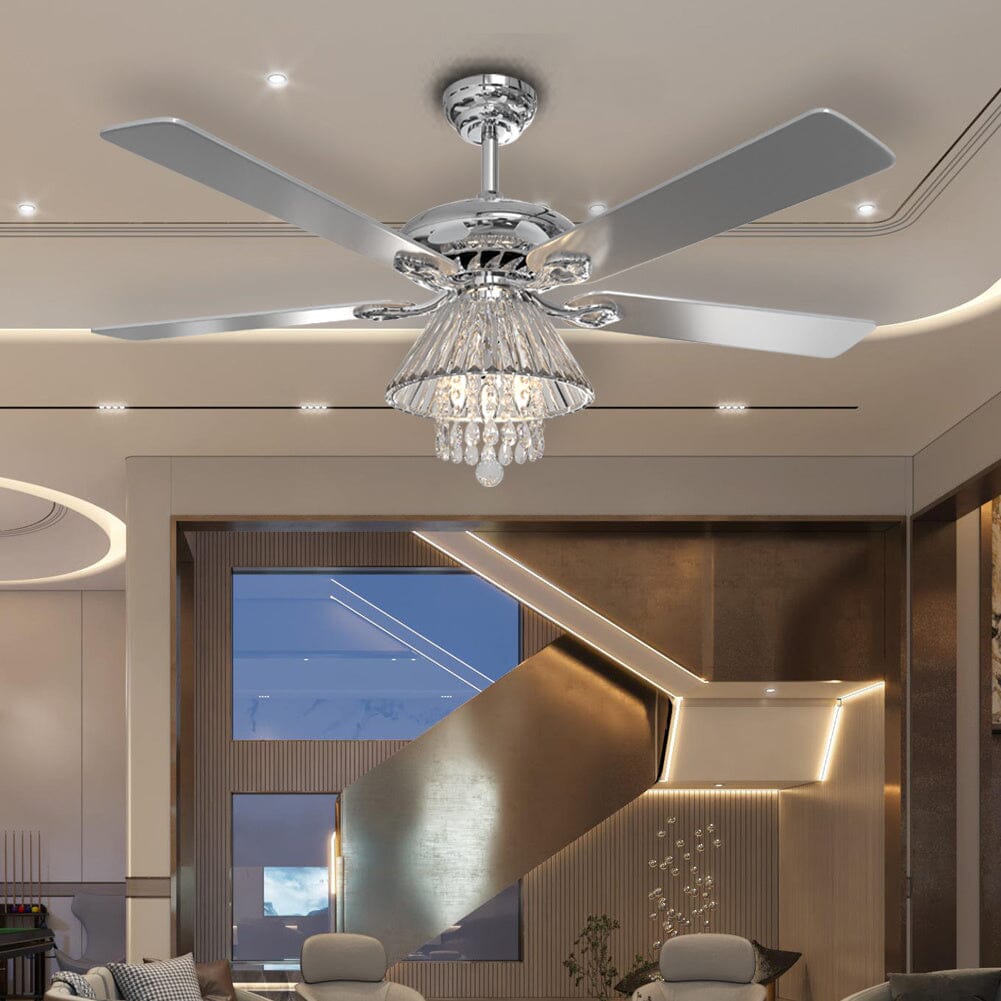 52Inch Silver Ceiling Fan with Light Crystal Droplets Chandelier - House Comfort