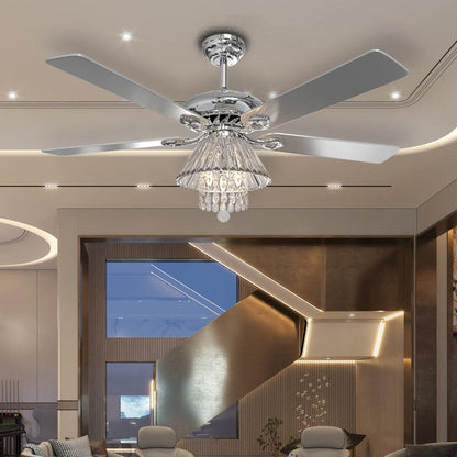 52Inch Silver Ceiling Fan with Light Crystal Droplets Chandelier - House Comfort