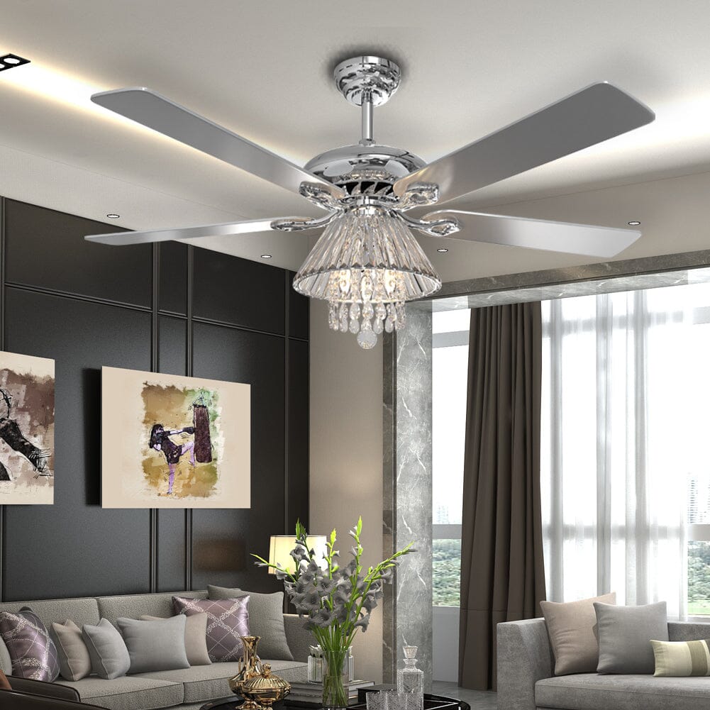 52Inch Silver Ceiling Fan with Light Crystal Droplets Chandelier - House Comfort