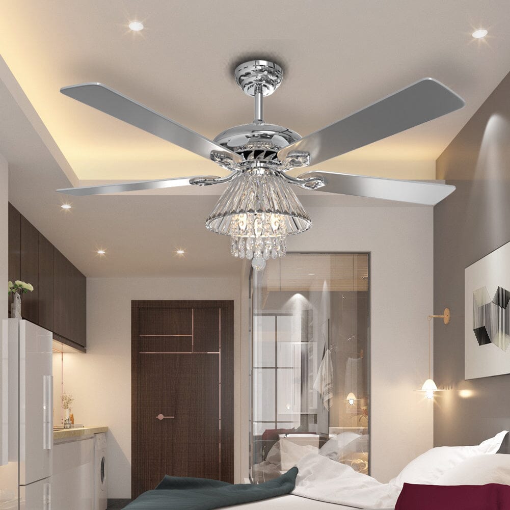 52Inch Silver Ceiling Fan with Light Crystal Droplets Chandelier - House Comfort