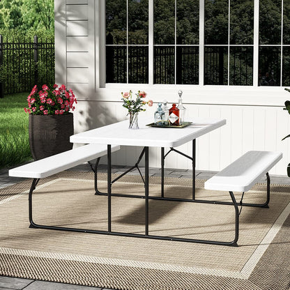 5ft Foldable Picnic Table and Bench Set with Parasol Hole Black/White - House Comfort
