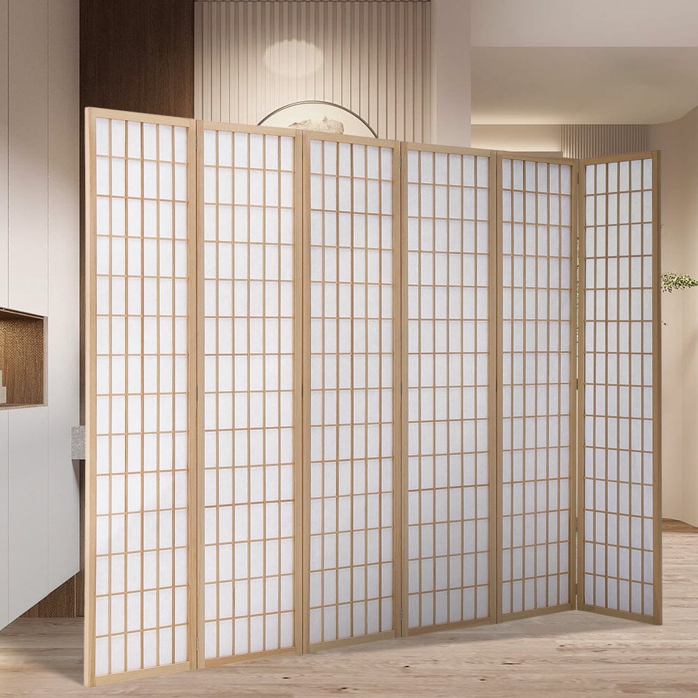 6 - Panel Solid Wood Folding Room Divider Screen Natural - House Comfort