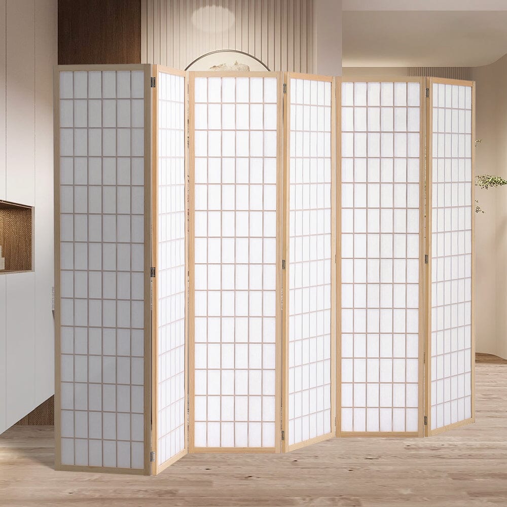 6 - Panel Solid Wood Folding Room Divider Screen Natural - House Comfort