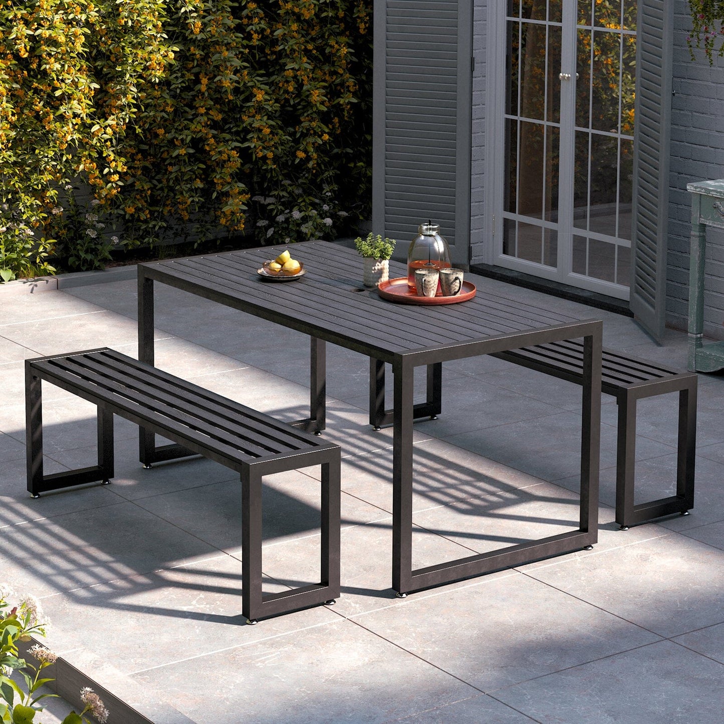 6 - Person 150cm Long Iron Outdoor Dining Set Garden Table and Bench - House Comfort