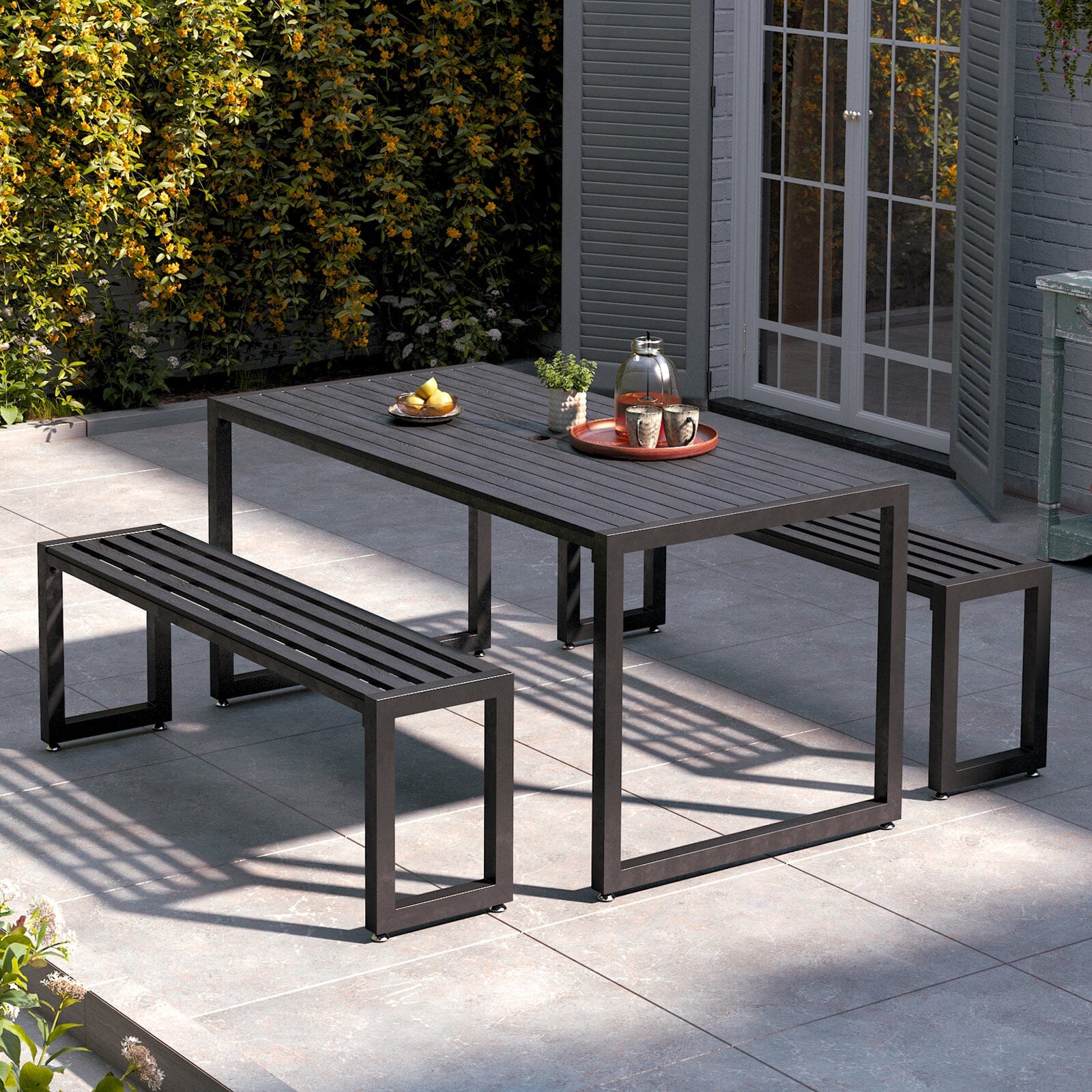 6 - Person 150cm Long Iron Outdoor Dining Set Garden Table and Bench - House Comfort