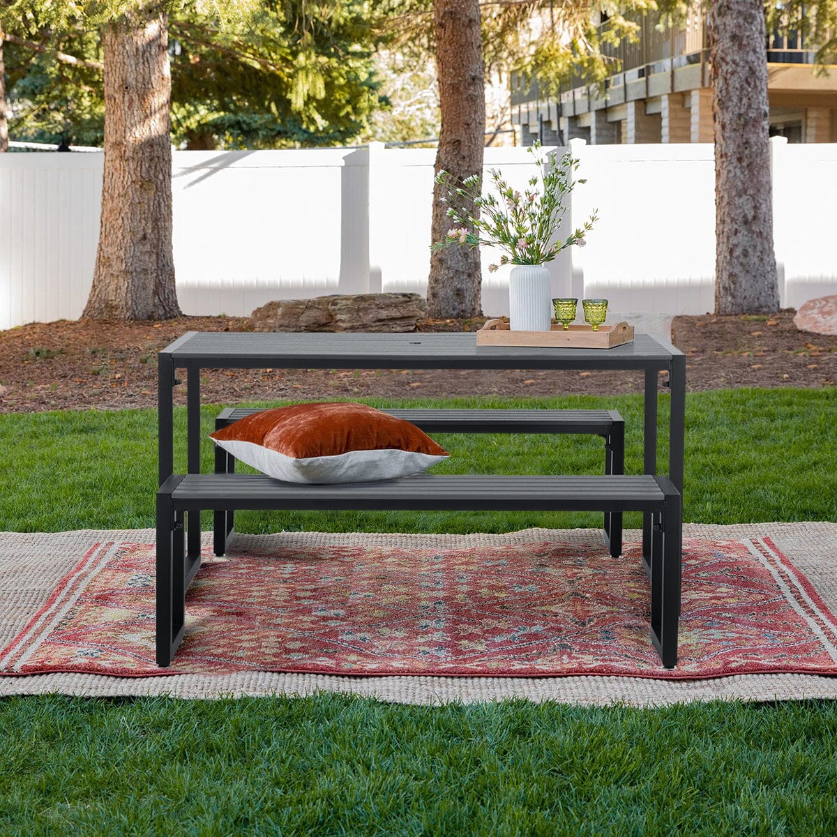 6 - Person 150cm Long Iron Outdoor Dining Set Garden Table and Bench - House Comfort