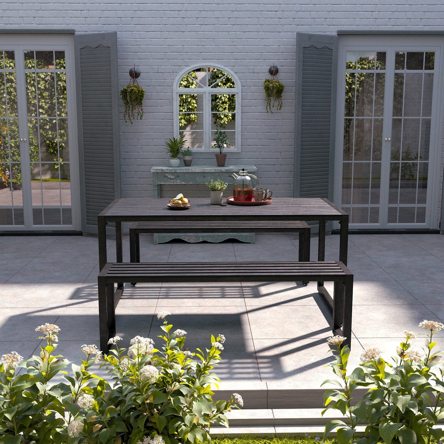 6 - Person 150cm Long Iron Outdoor Dining Set Garden Table and Bench - House Comfort