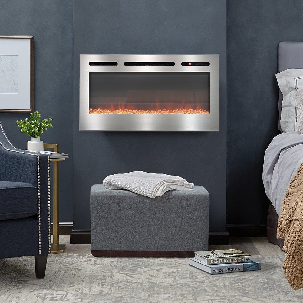 60 Inch Electric Fireplace Silver Recessed Fire with 12 LED Flame Colour - House Comfort
