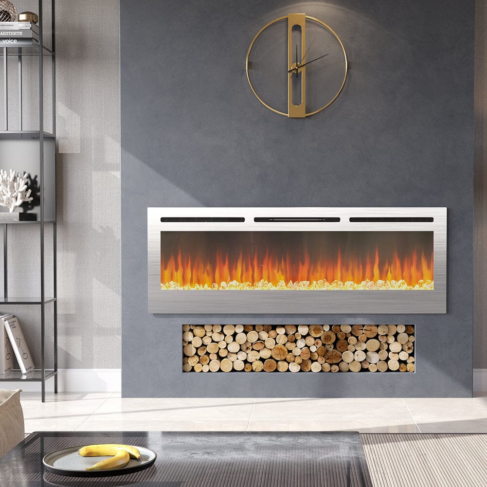 60 Inch Electric Fireplace Silver Recessed Fire with 12 LED Flame Colour - House Comfort