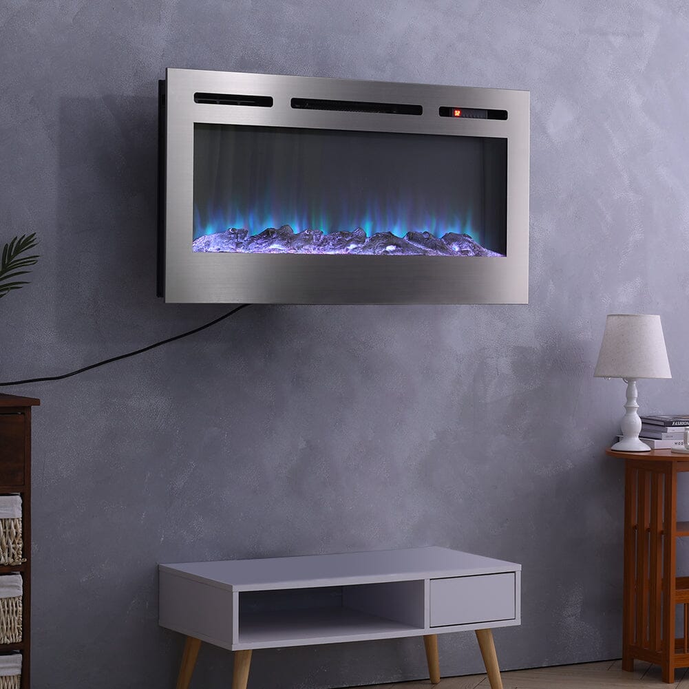 60 Inch Electric Fireplace Silver Recessed Fire with 12 LED Flame Colour - House Comfort