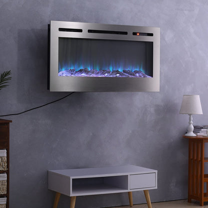 60 Inch Electric Fireplace Silver Recessed Fire with 12 LED Flame Colour - House Comfort