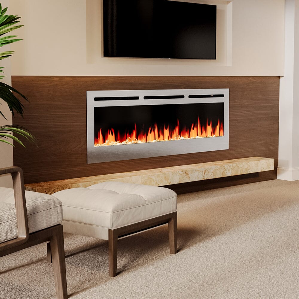 60 Inch Electric Fireplace Silver Recessed Fire with 12 LED Flame Colour - House Comfort