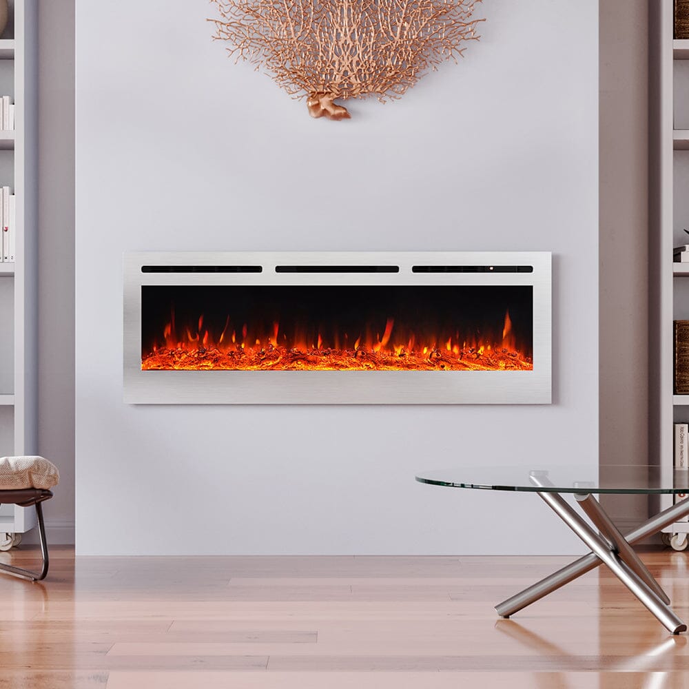 60 Inch Electric Fireplace Silver Recessed Fire with 12 LED Flame Colour - House Comfort