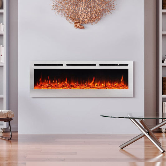 60 Inch Electric Fireplace Silver Recessed Fire with 12 LED Flame Colour - House Comfort