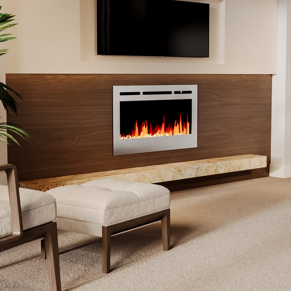 60 Inch Electric Fireplace Silver Recessed Fire with 12 LED Flame Colour - House Comfort