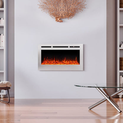 60 Inch Electric Fireplace Silver Recessed Fire with 12 LED Flame Colour - House Comfort