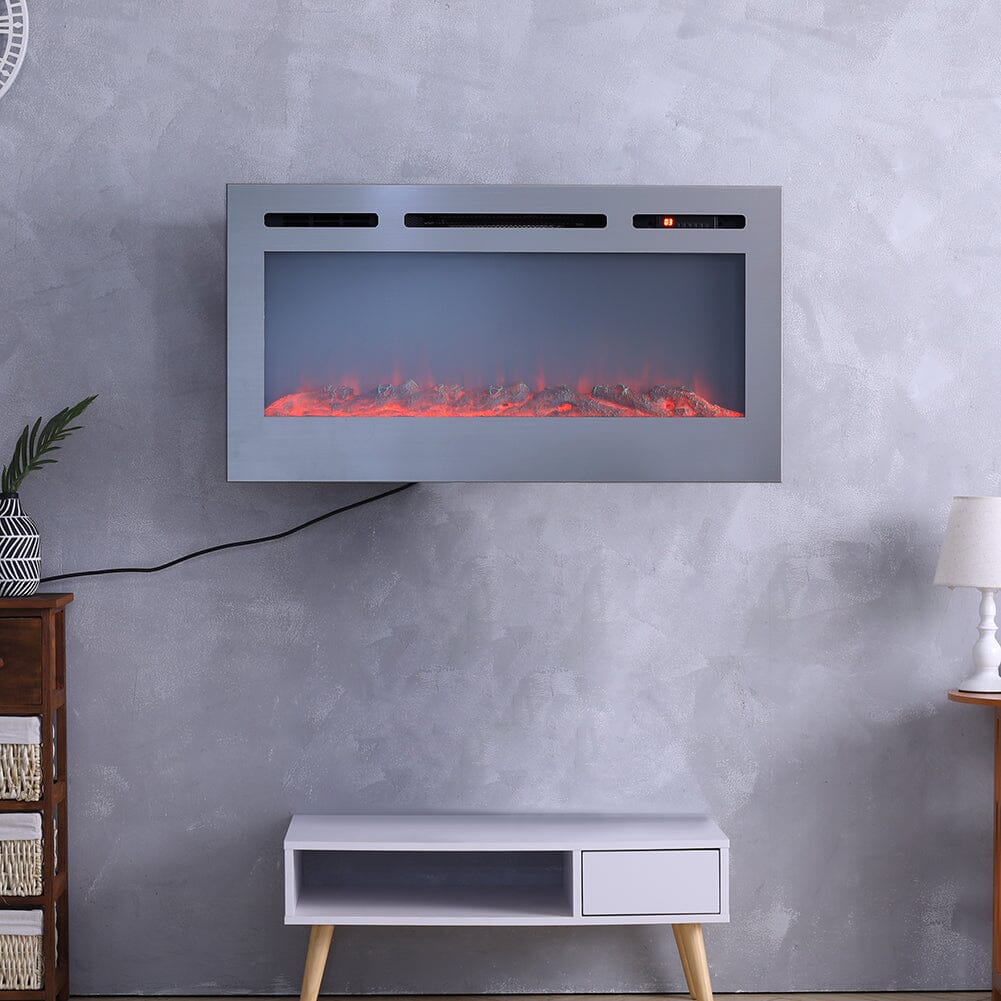 60 Inch Electric Fireplace Silver Recessed Fire with 12 LED Flame Colour - House Comfort