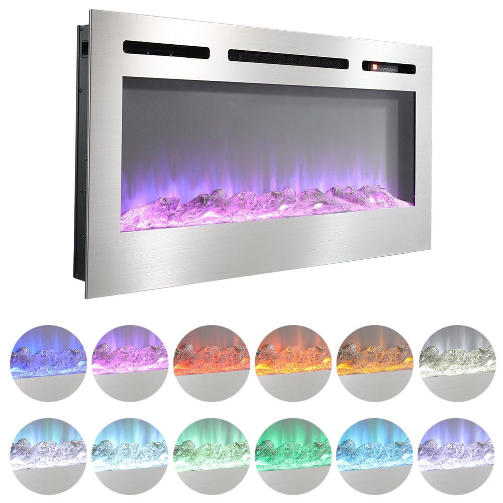 60 Inch Electric Fireplace Silver Recessed Fire with 12 LED Flame Colour - House Comfort