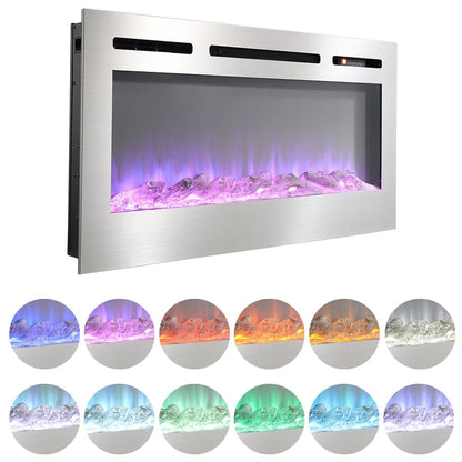 60 Inch Electric Fireplace Silver Recessed Fire with 12 LED Flame Colour - House Comfort