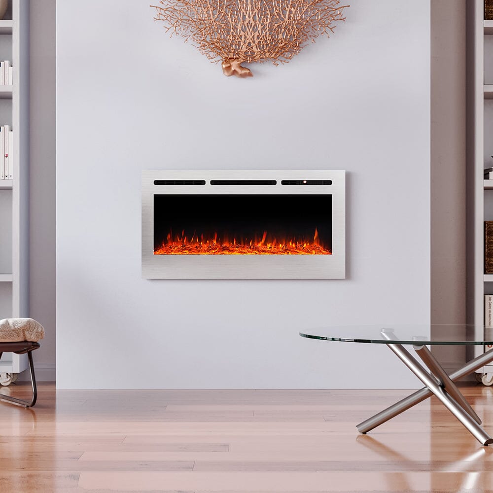 60 Inch Electric Fireplace Silver Recessed Fire with 12 LED Flame Colour - House Comfort
