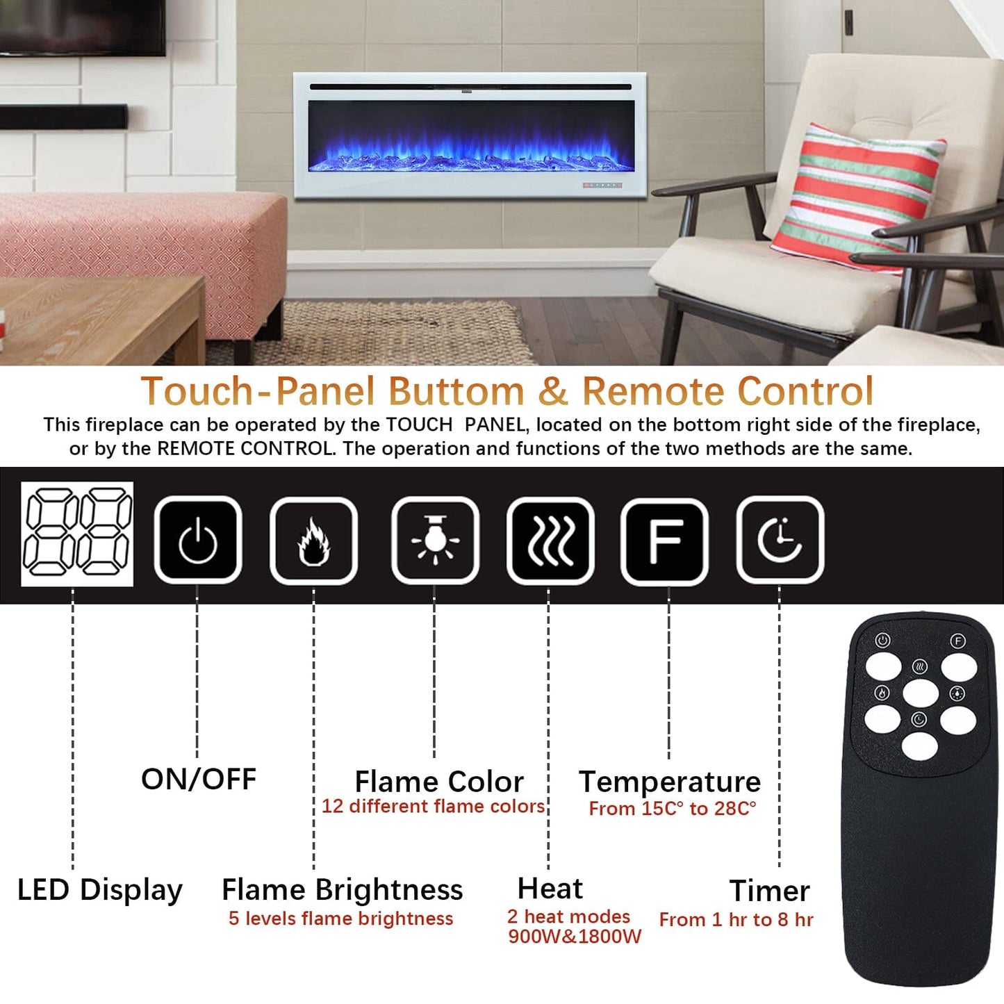 60 Inch Wall Mounted Fireplaces Recessed Fireplace 1800W White 5120BTU Electric Heaters - House Comfort