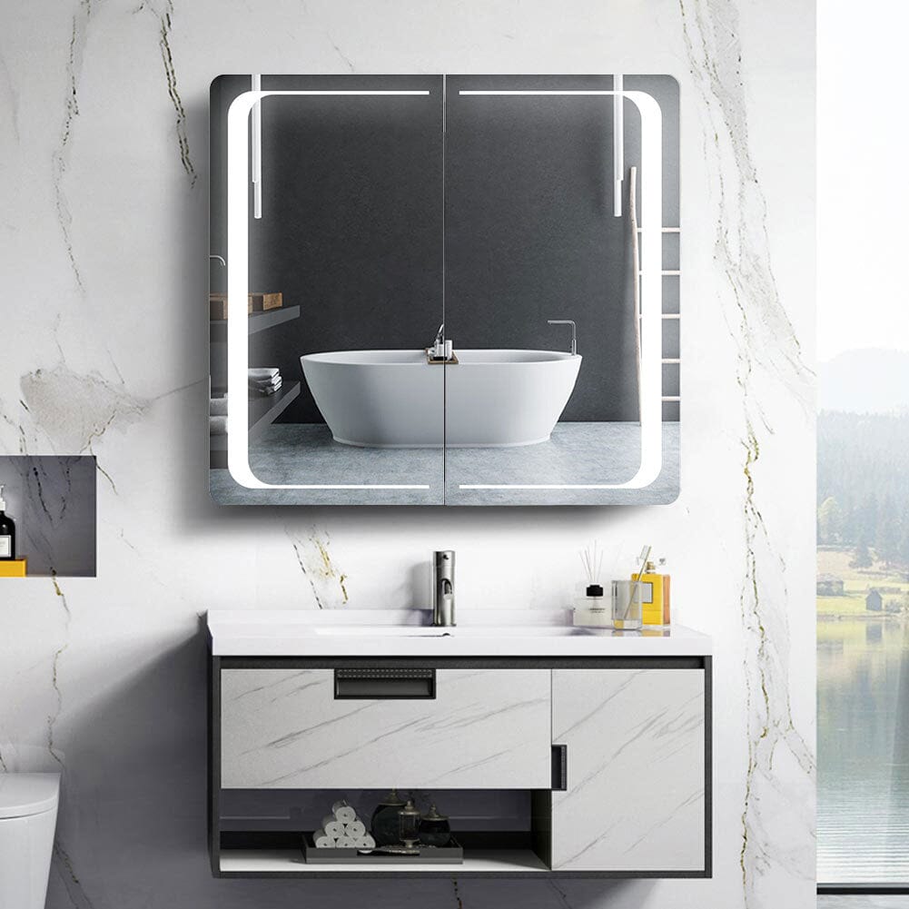 60cm H Double Door Anti - Fog Mirror Cabinet with Bluetooth and LED Light - House Comfort