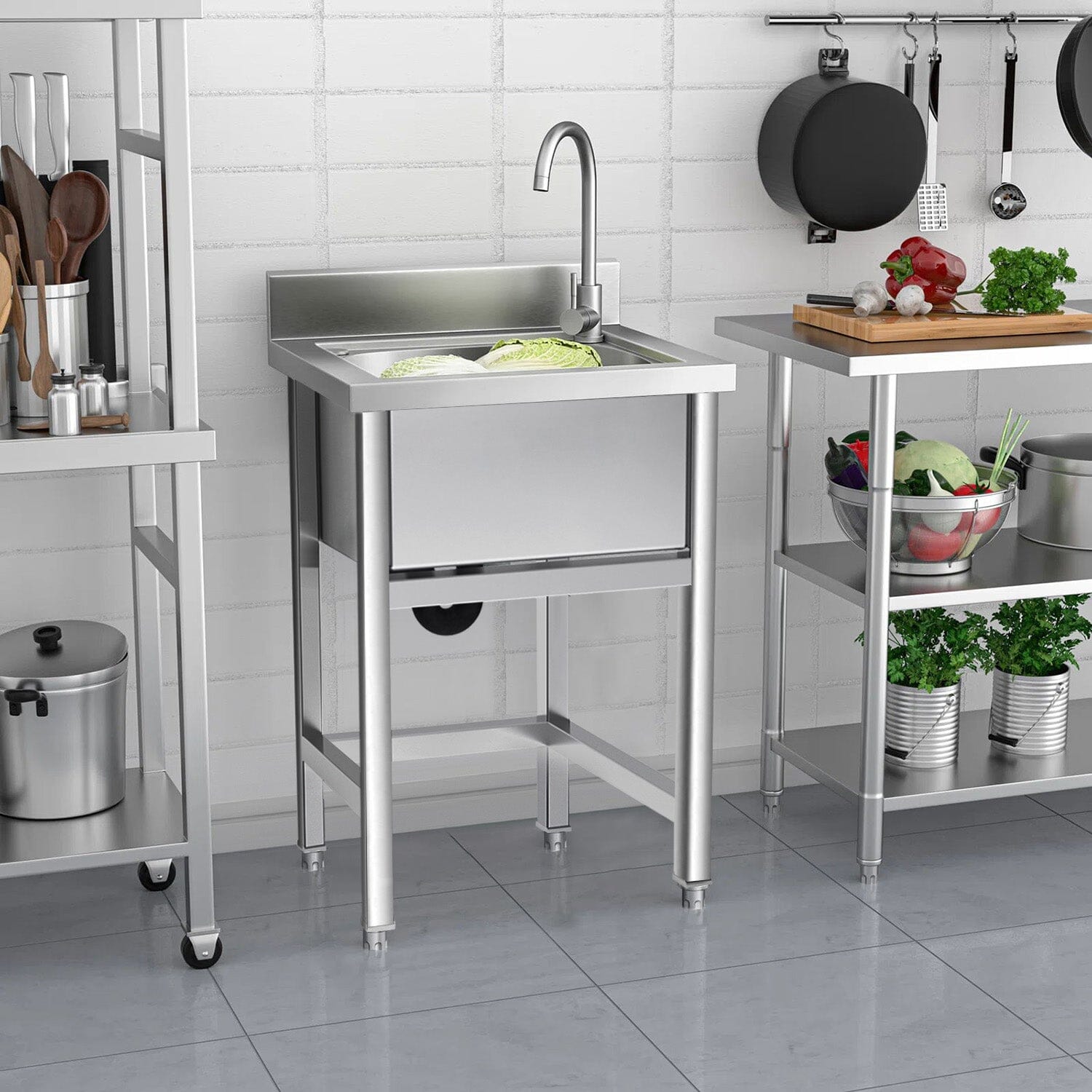 60X60CM W Commercial Kitchen Sink Stainless Steel Wash Basin - House Comfort