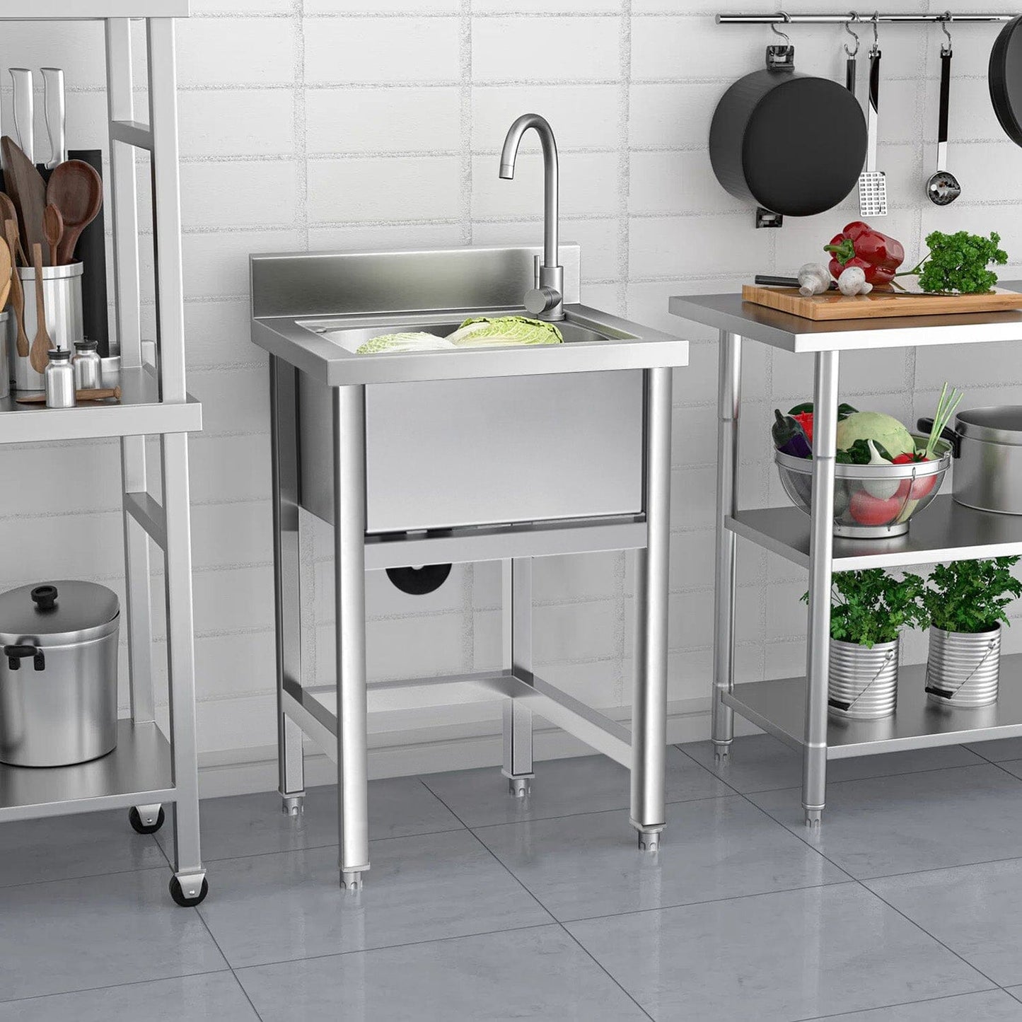 60X60cm W Commercial Kitchen Sink Stainless Steel Wash Basin - House Comfort