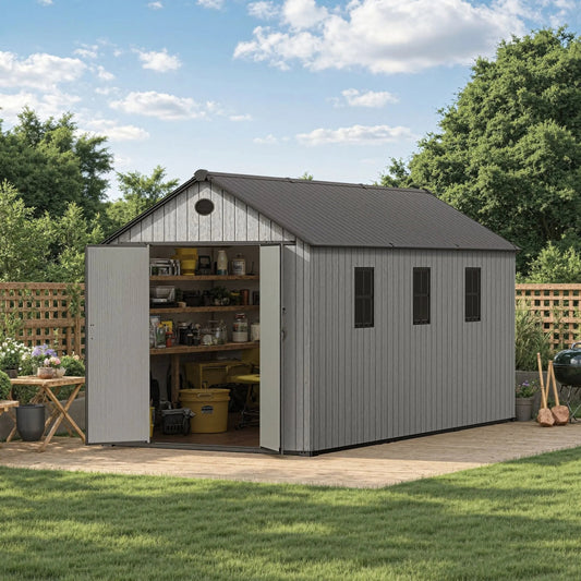 6'x8'ft/8'x8'ft/8'x12'ft/8'x16'ft Gray Wood Grain Plastic Tool Shed - House Comfort