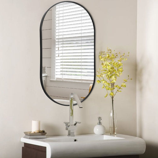 70cm Height Modern Oval Metal Bathroom Wall Mirror Black - House Comfort