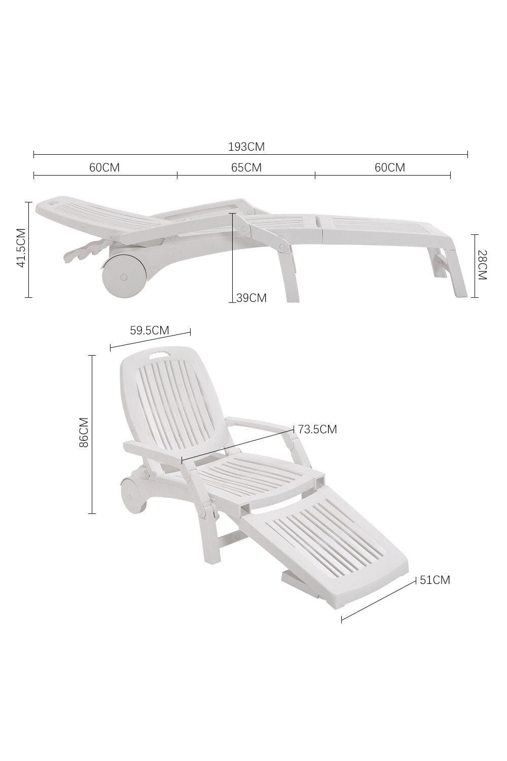 73.5cm W Outdoor Folding Lounge Chair Recliner with Wheels - House Comfort