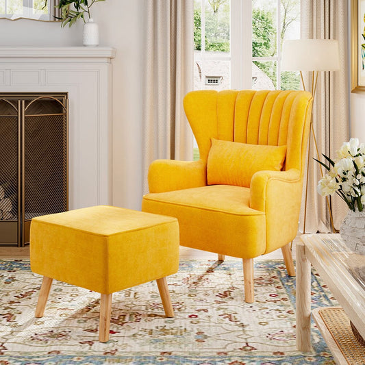 77cm W Occasion Faux Wool Wingback Chair Padded Armchair and Footstool - House Comfort