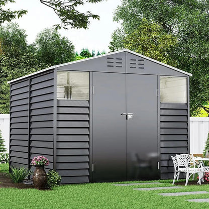 7×8 ft Charcoal Steel Tool Shed with Front Windows and Ventilation - House Comfort