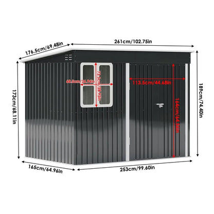 7X4ft/8.5X5.5ft/10x8ft Charcoal Black Storage Shed with Double Doors and Grid Window - House Comfort