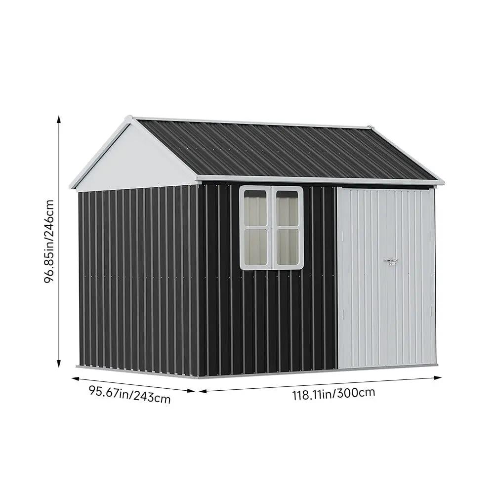 7X4ft/8.5X5.5ft/10x8ft Charcoal Black Storage Shed with Double Doors and Grid Window - House Comfort