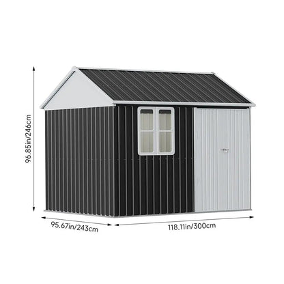 7X4ft/8.5X5.5ft/10x8ft Charcoal Black Storage Shed with Double Doors and Grid Window - House Comfort