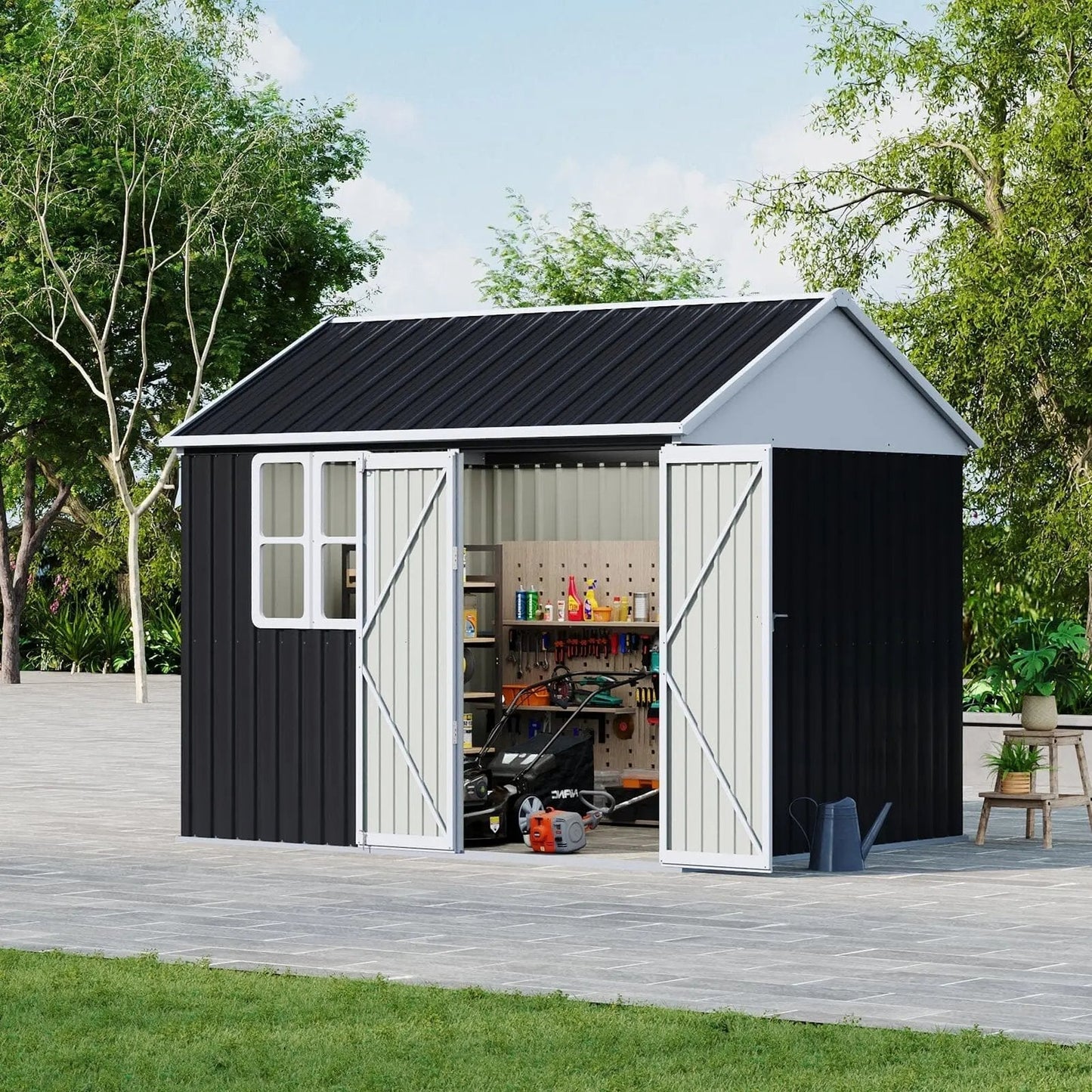 7X4ft/8.5X5.5ft/10x8ft Charcoal Black Storage Shed with Double Doors and Grid Window - House Comfort