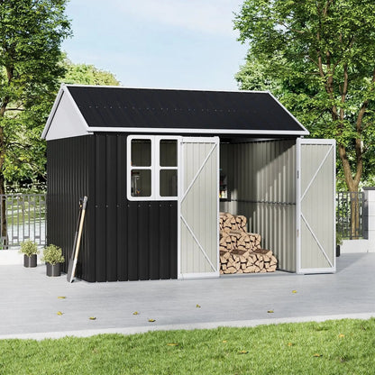 7X4ft/8.5X5.5ft/10x8ft Charcoal Black Storage Shed with Double Doors and Grid Window - House Comfort