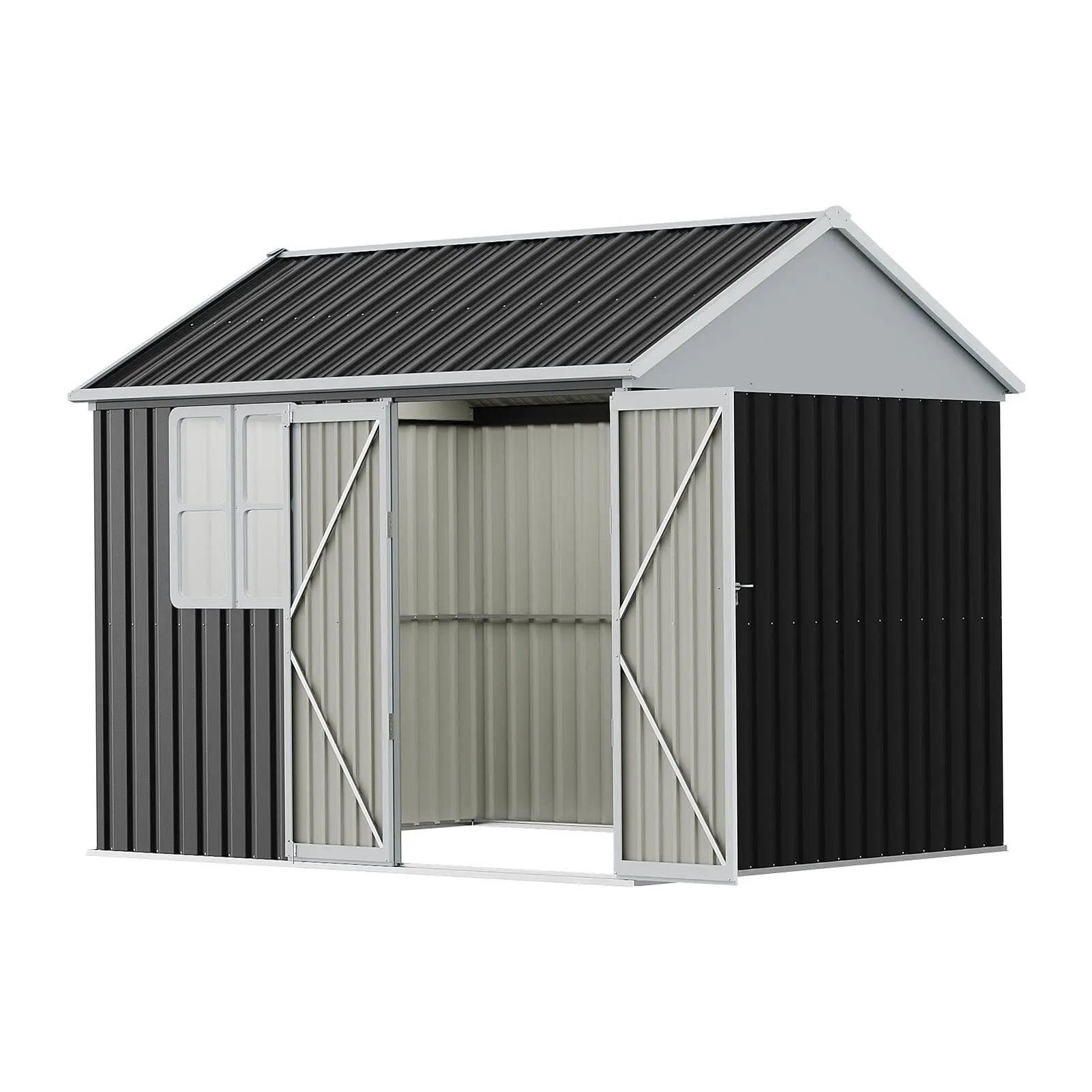 7X4ft/8.5X5.5ft/10x8ft Charcoal Black Storage Shed with Double Doors and Grid Window - House Comfort
