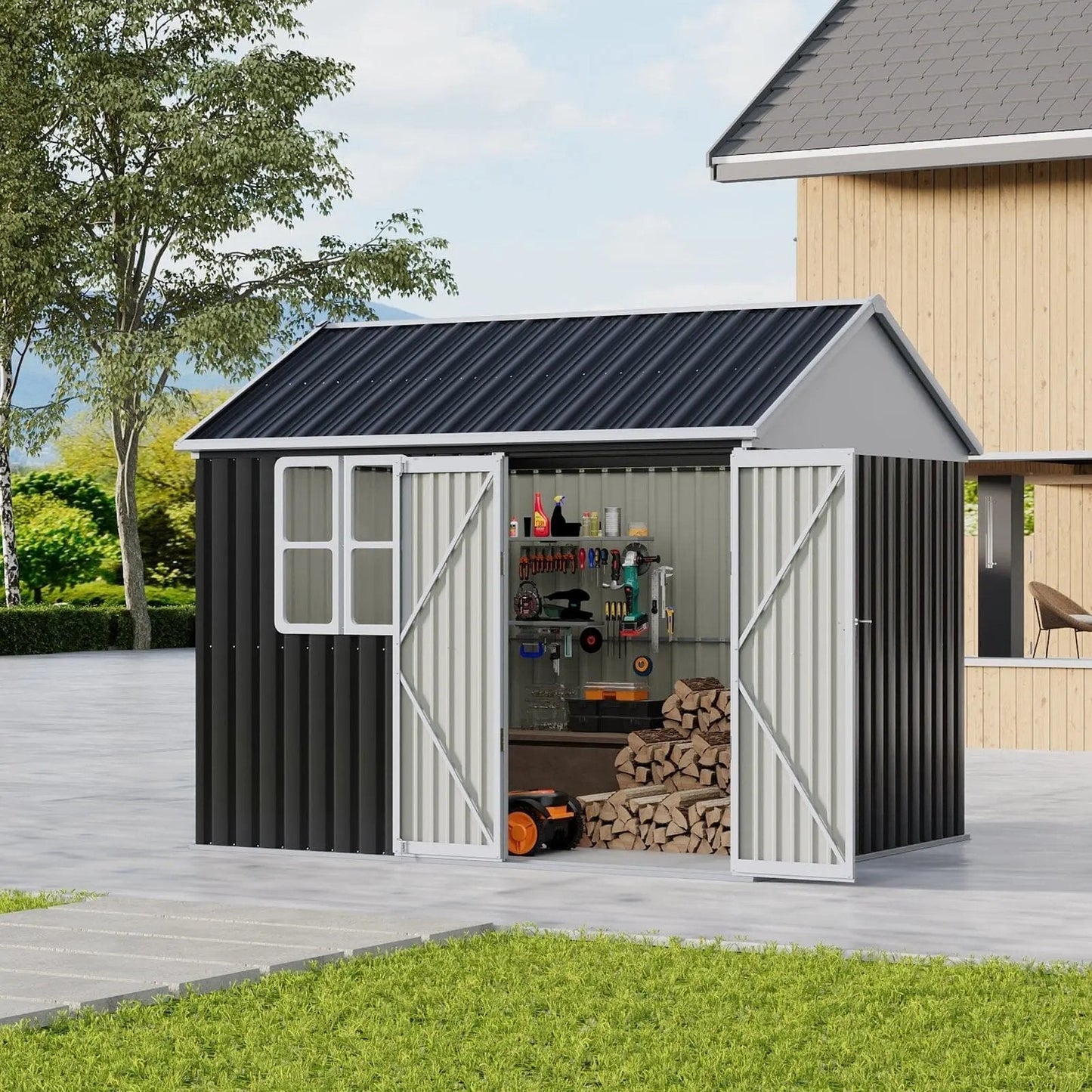 7X4ft/8.5X5.5ft/10x8ft Charcoal Black Storage Shed with Double Doors and Grid Window - House Comfort