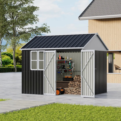 7X4ft/8.5X5.5ft/10x8ft Charcoal Black Storage Shed with Double Doors and Grid Window - House Comfort
