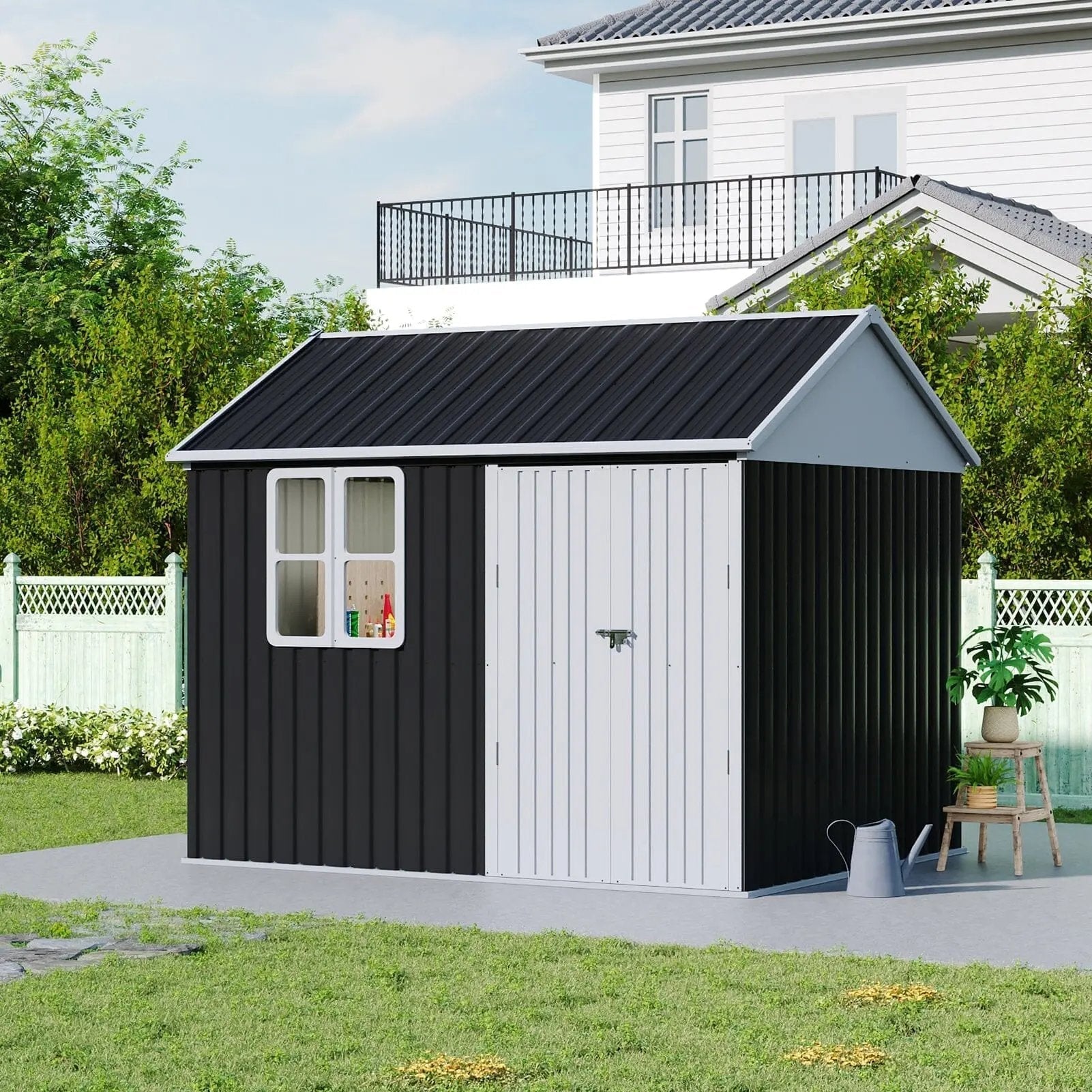 7X4ft/8.5X5.5ft/10x8ft Charcoal Black Storage Shed with Double Doors and Grid Window - House Comfort