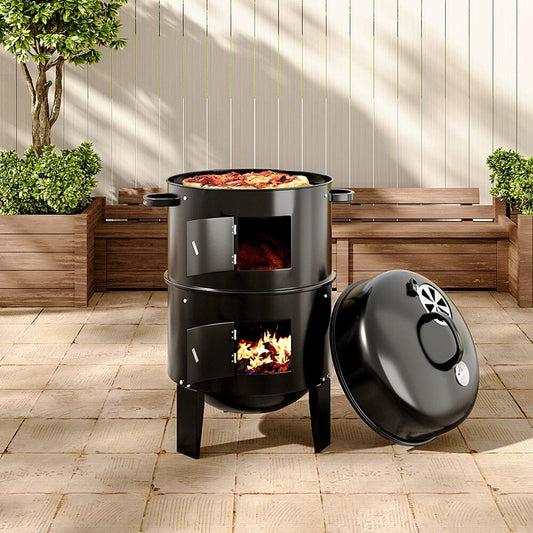 80 cm H 3 in 1 BBQ Charcoal Grill 3 Tier Smoker - House Comfort