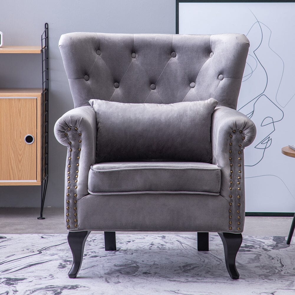 85cm Height Grey Tufted Velvet Upholstered Wingback Chair with Pillow - House Comfort